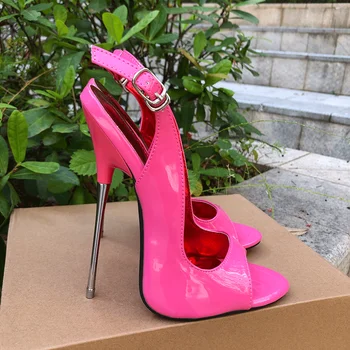 Дамски сандали 16см екстремни тънки високи токчета секси розови stilettos помпи Peep Toe Фетиш Модел Клуб Мъж Crossdresser Унисекс обувки