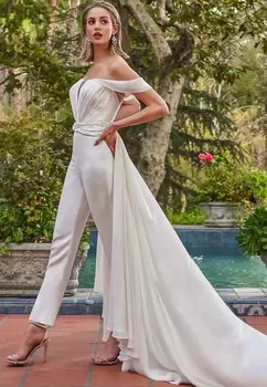 Дамски сватбени рокли ГащеризонГащеризон Бяла обвивка Тънък еднокомпонентен панталон с изоставащи поли за банкетни партита