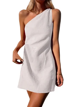 Дамски секси памучен лен с едно рамо ръкави рокля парти коктейл A линия мини рокли