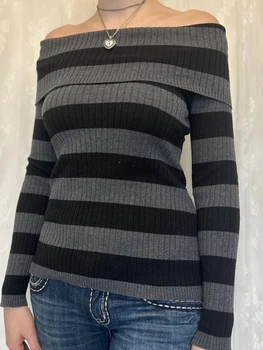 Дамски секси риза извън рамото раирана печат основни плетени дълъг ръкав върховете случайни пуловер за есен клуб улично облекло