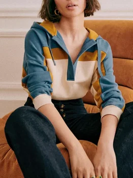 Дамски суитчър цвят пачуърк v-образно деколте с качулка случайни модни памучни качулки