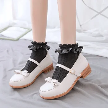 Дамски чорапи Лолита стил японски Kawaii сладък накъдрен волан чорапи твърди бели черни окото дантела момичета сладки Harajuku къси чорапи