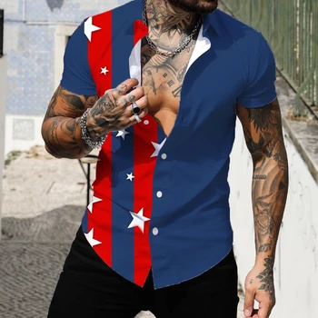 Ден на независимостта Мъжка хавайска риза 3D отпечатана къса флип лидер голям размер хавайска мъжка плажна риза мъжки ризи