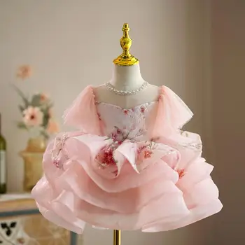 Детска принцеса вечерна рокля лък перли пайети цвете дизайн деца сватба рожден ден кръщение парти момичета рокли A3322