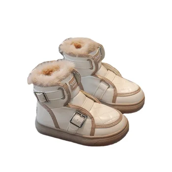 Детски ботуши за сняг Зимна кожа Топла нова унисекс деца на открито Неплъзгащи се памучни обувки Дебели катарами за момчета Маратонки Момичета Буйки