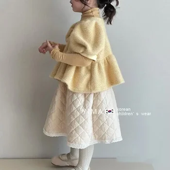 Детски дрехи 2023 Есен Зима Корейски стил момичета кауза сладка мода комплект риза палто рокля шорти три части дрехи комплект