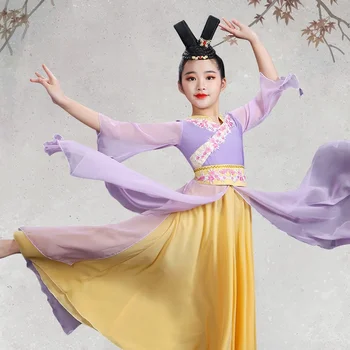Детско класическо танцово облекло Облекло за китайски фен танц Облекло за танцово изпълнение на момичета Лилаво облекло за танци Хан и Танг