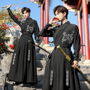 Древна китайска рокля Ханфу Мъже Традиционна бродерия Рокли Китай стил бойни изкуства Косплей костюм Кимоно студентска униформа