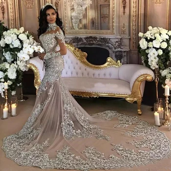 Дубай Арабски Луксозен Sparkly 2023 Сватбени рокли Секси Bling Beaded дантела апликация съд влак илюзия дълги ръкави русалка