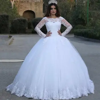 Дубай бели сватбени рокли дълъг ръкав булчински рокли апликации дантела тюл плюс размер официално облекло градина vestidos de novia