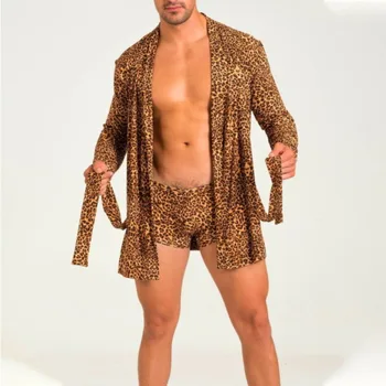 Европейски и американски мъжки комплект леопард печат дантела нагоре случайни дома комплект секси домашни дрехи пижами пролет и лято нов стил