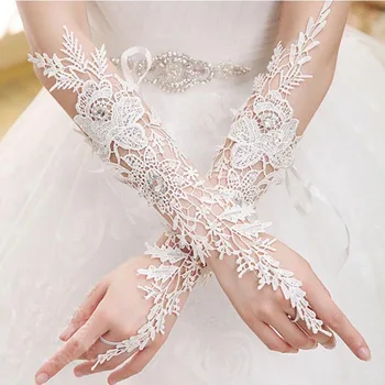 Елегантни бели дантелени дълги сватбени ръкавици за булката кристал без пръсти лакът дълги булчински ръкавици жени сватбени аксесоари SL