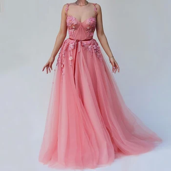 Елегантни вечерни рокли Розови спагети каишка апликации цветя A-линия тюл без гръб бала рокля парти рокля за дипломирането