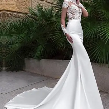 Елегантно високо деколте русалка сватбени рокли с дантела апликации дълъг ръкав секси виждам през елече булчински рокли дантела 2022