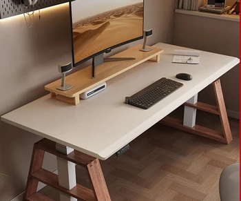 Електрическа повдигаща маса, бяло компютърно бюро, кремаво вятърно бюро от масивно дърво