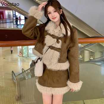 Есен Зима Жени палто пола комплект случайни Y2k изкуствена кожа дълъг ръкав топло яке мини пола костюм женски корейски мода 2 парче комплект