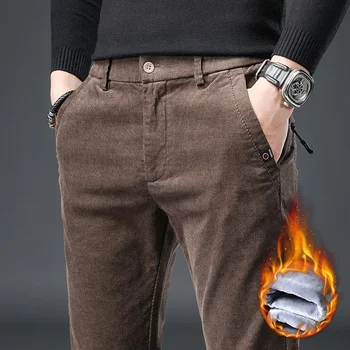 Есен Зима Мъжки тънък годни прави кадифе руно панталони високо качество памук участък прости дрехи чист годни ежедневни панталони