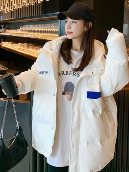 Есен Зима надолу памук буферни яке жени дълъг ръкав ветроупорен качулка парка студент черно бяло дебело топло палто корейски шик