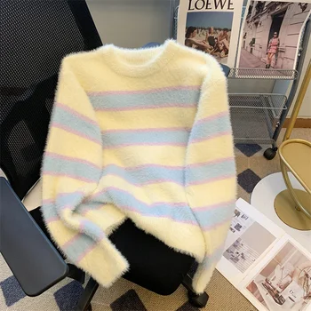 Есен/Зима Нов цвят съвпадение раиран пуловер мързелив стил имитация самур мляко пуловер случайни гъвкави трикотажни отгоре