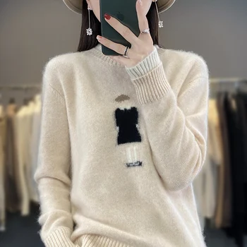 Есен и зима нови дамски 100% мериносов пуловер О-образно деколте плетени пуловер жени подплатени фалшиви две случайни хлабав модни върхове
