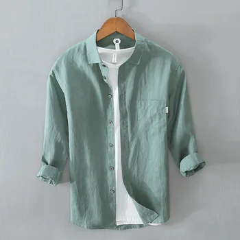 Есен плътен цвят джобна риза мъже 100% бельо Harajuku случайни три четвърти ръкав блузи върховете мъжки прост удобна риза