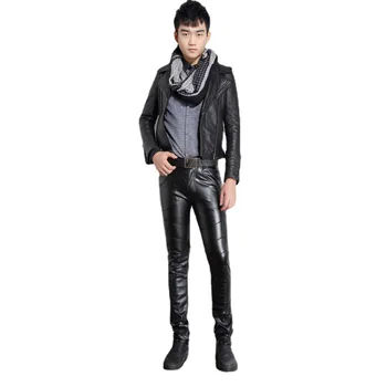 Есенна и зимна мода мъжки нов рок стил мотоциклетни панталони кожени панталони PU кожени панталони мъжка изкуствена кожа слим годни