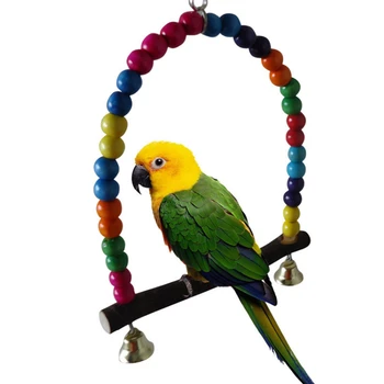 естествен дървен папагал люлка играчка птица калмари висящи люлка клетка с цветни мъниста камбани играчка птица доставки