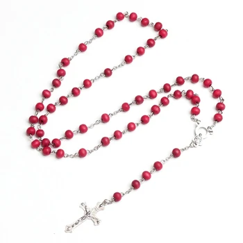 Естествена огърлица католическа червена броеница християнска кръстосана огърлица ръчно тъкан орнамент хип-хоп облекло аксесоари D5QB