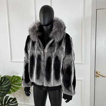 Естествено заешко кожено палто с качулка Истинска лисича кожена яка Мъжки зимни топли Rex заешки кожени якета Най-продавани