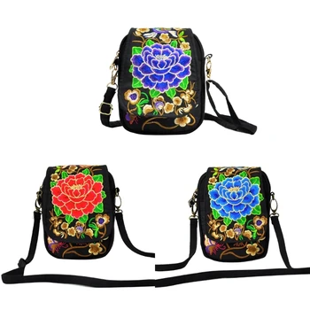 Етнически ръчно изработени бродерия цвете Crossbody чанта чанта пътуване рамо чанти телефон с флорални дизайн за жени