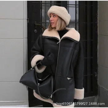 Жена Парка 2023 Есен ЗимаИнтер Мода Кашмир кожа яка композитни палто черен средата дължина хлабав монтаж женско палто