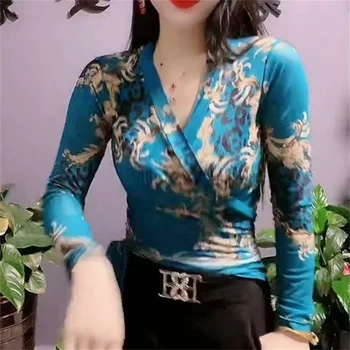 Жена пролет есен стил окото блузи ризи дама случайни дълъг ръкав v-образно деколте цвете отпечатани блузи върховете DD9464