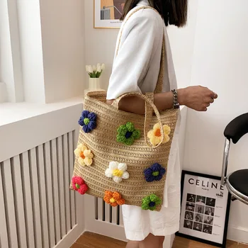 Жени Лято персонализирани флорални плаж голяма пазарска чанта за цветя Куха чанта за рамо момичета Сладка ръчно изработена чанта за плетене на една кука