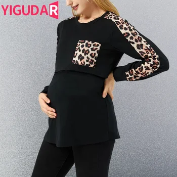 Жените блуза майчинство дами дълъг ръкав леопард печат сестрински върховете тениска кърменето мама бременна случайни блуза ризи