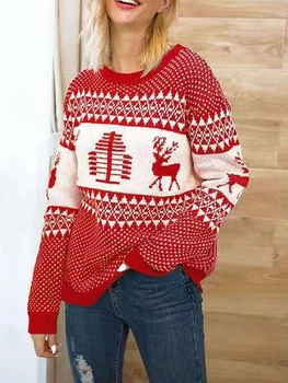Жените грозен коледен пуловер смешно карикатура печат дълъг ръкав трикотажни пуловер Коледа джъмпер суитчъри върховете