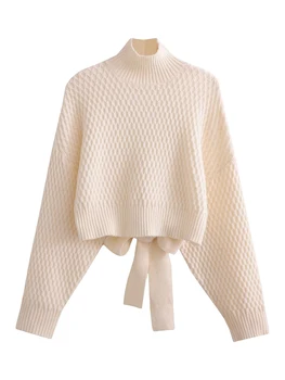 Жените гръндж изрязани пуловер реколта дълъг ръкав високо деколте хлабав годни плета пуловер върховете 90s гръб плътен цвят есенни трикотаж