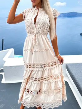 Жените дантела снаждане дълга рокля лято бродерия Макси Sundress дами Boho реколта плаж рокля елегантен риза халат Femme
