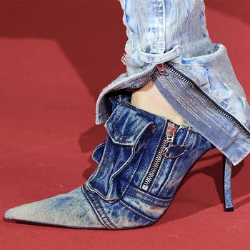 Жените деним джоб заострени пръсти стилет токчета пачуърк секси страна цип дами високи токчета нова мода приплъзване на сандали чехли