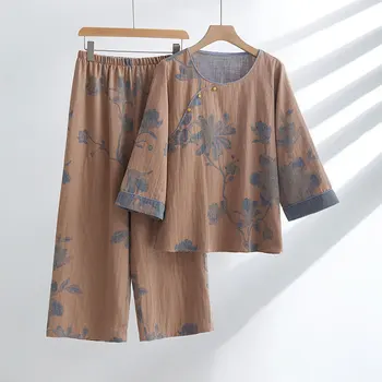 Женски памук пижама комплект нощно облекло печат отгоре панталони пижами спално облекло O-образно деколте домашно облекло жени пролет лято пижама сън костюм