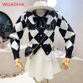 Западен стил Bowknot пуловер с дълъг ръкав жени есен/зима 2023 Нов елемент нокти диамант проверка плетена жилетка шик отгоре
