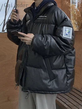 Зимни PU кожа подплатени яке мъже Хонг Конг стил модерен стойка яка хлабав хляб отгоре Унисекс Kpop писма отпечатани сгъстяване палто