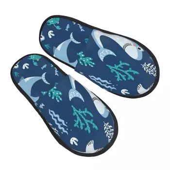 Зимни жени Мъже Нехлъзгащи се плоски чехли Анимационни акули и риби с морски растения Вътрешна кожа Меки топли обувки