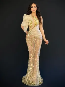 Златна русалка вечерни рокли без ръкави V врата едно рамо пайети мъниста апликации 3D дантела кухи абитуриентски рокли по поръчка