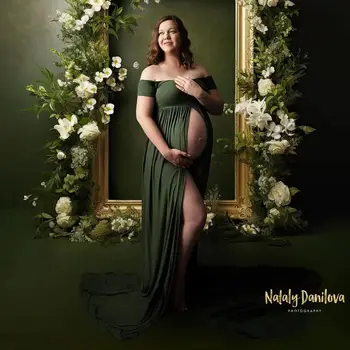 Изумрудено шифон вечерни рокли за бременни жени Off рамо линия майчинство нощни халати секси фронт сплит бебе душ рокли