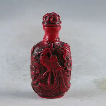 Изящен китайски червен корал ръчно издълбани цвете животно феникс емфие бутилка малка бутилка