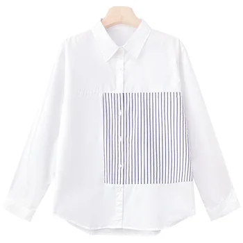 Изящна пачуърк раирана дамска риза с дълъг ръкав 2023 Нови памучни жени ежедневни бели ризи Офис женски блузи Дрехи