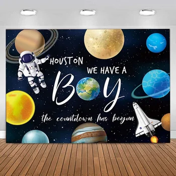 Имаме момче фотография фон ракета астронавт планета галактика пространство фон за бебе дете рожден ден парти декорация банер