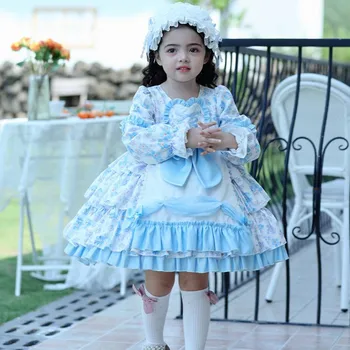 Испанска детска принцеса Лорита рожден ден баптистка партия абитуриентски бал рокля лък печат дизайн бебе реколта Великден Eid момичета рокля A2381
