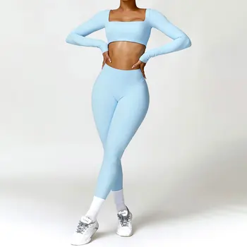 Йога комплект 2PCS жени фитнес дълъг ръкав безшевни спортни облекла тренировка дрехи атлетичен износване клин фитнес сутиен Crop топ спортни костюми