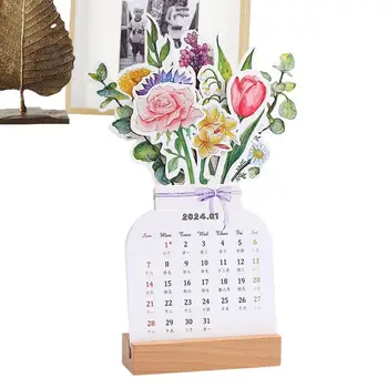 Календар на бюрото за цветя 2024 Постоянен месечен плановик Ваза-дизайн календар с държач цвете тема орнаменти Настолни календари